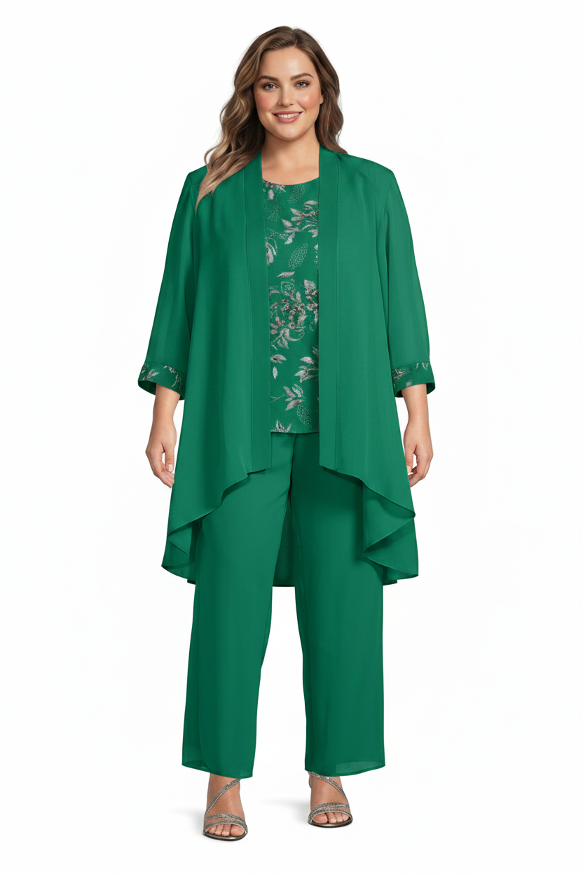 Chiffon Round Neck Floor-Length Plus Size Mother of the Bride Pantsuits with Jacket