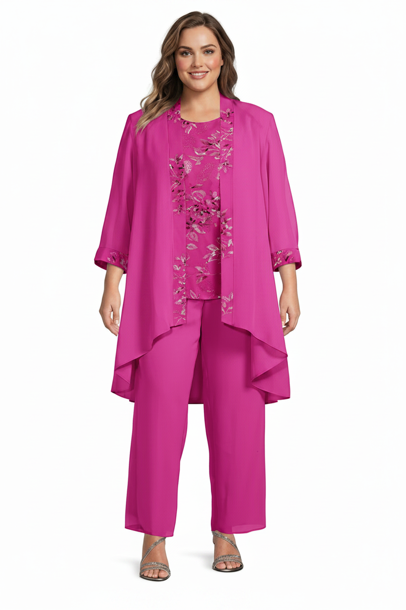 Chiffon Round Neck Floor-Length Plus Size Mother of the Bride Pantsuits with Jacket