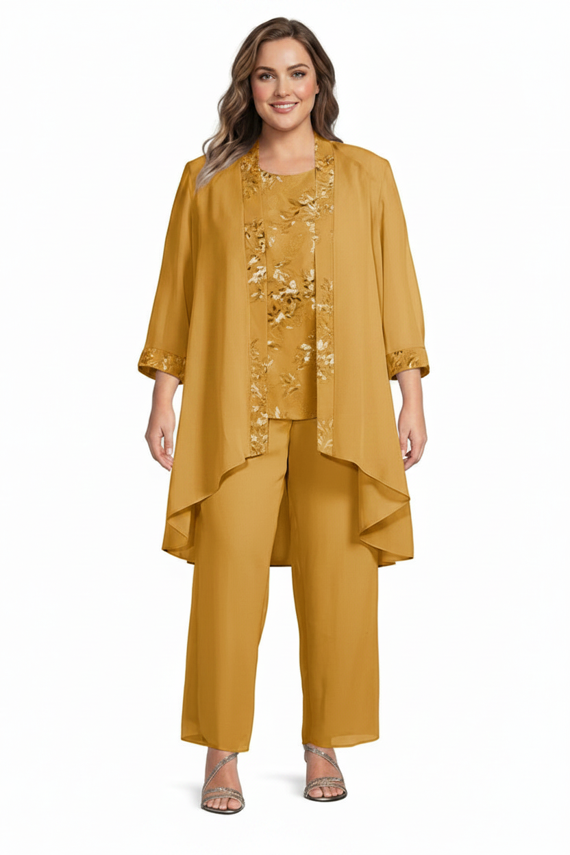 Chiffon Round Neck Floor-Length Plus Size Mother of the Bride Pantsuits with Jacket