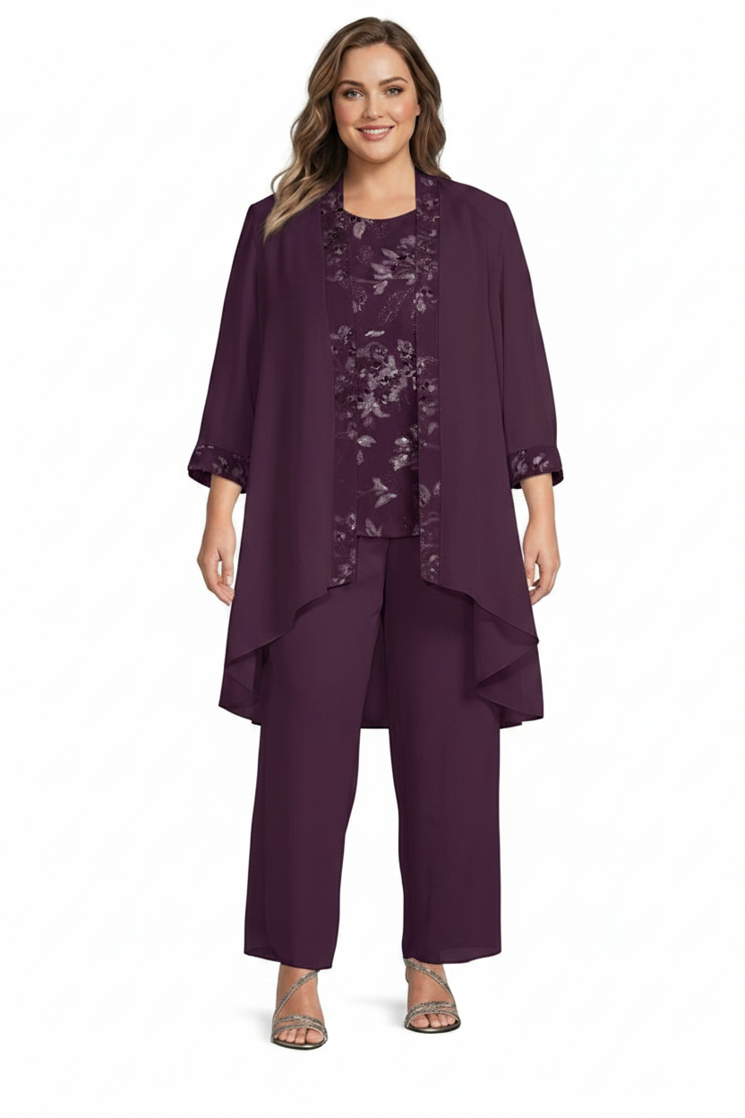 Chiffon Round Neck Floor-Length Plus Size Mother of the Bride Pantsuits with Jacket
