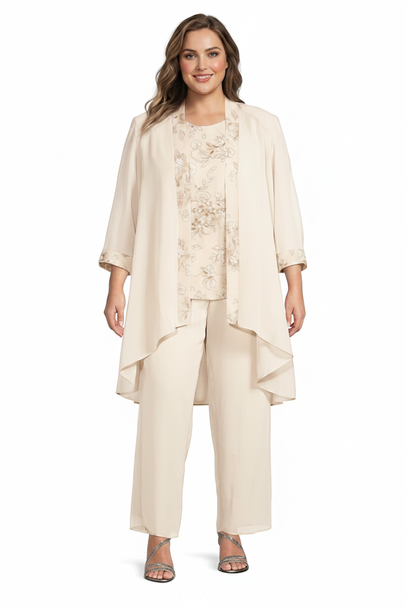 Chiffon Round Neck Floor-Length Plus Size Mother of the Bride Pantsuits with Jacket