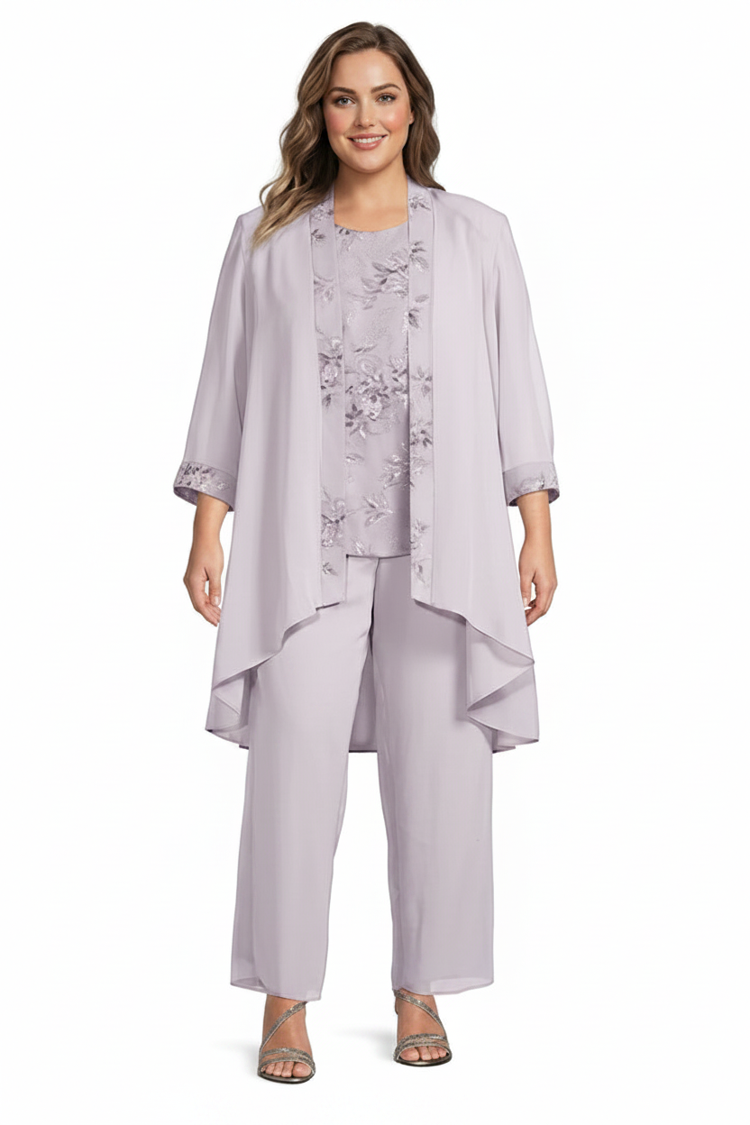 Chiffon Round Neck Floor-Length Plus Size Mother of the Bride Pantsuits with Jacket