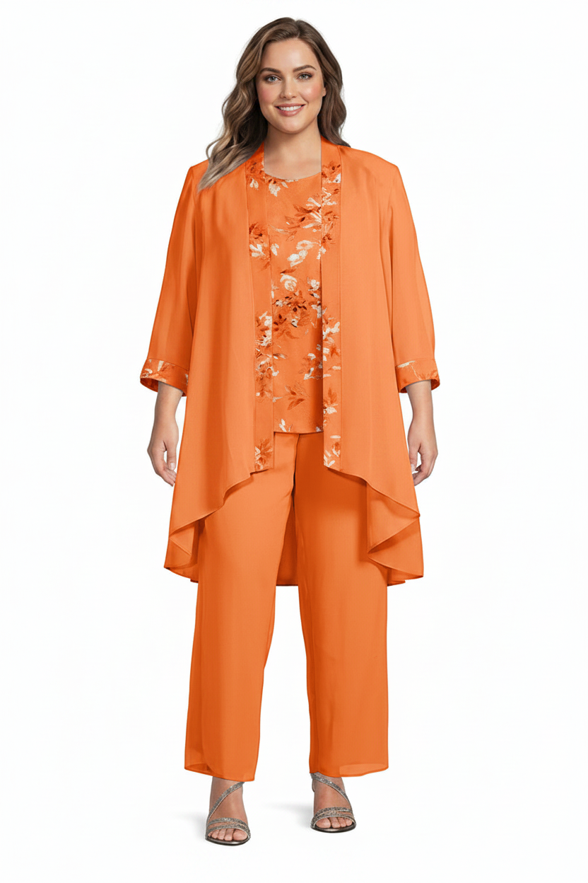 Chiffon Round Neck Floor-Length Plus Size Mother of the Bride Pantsuits with Jacket