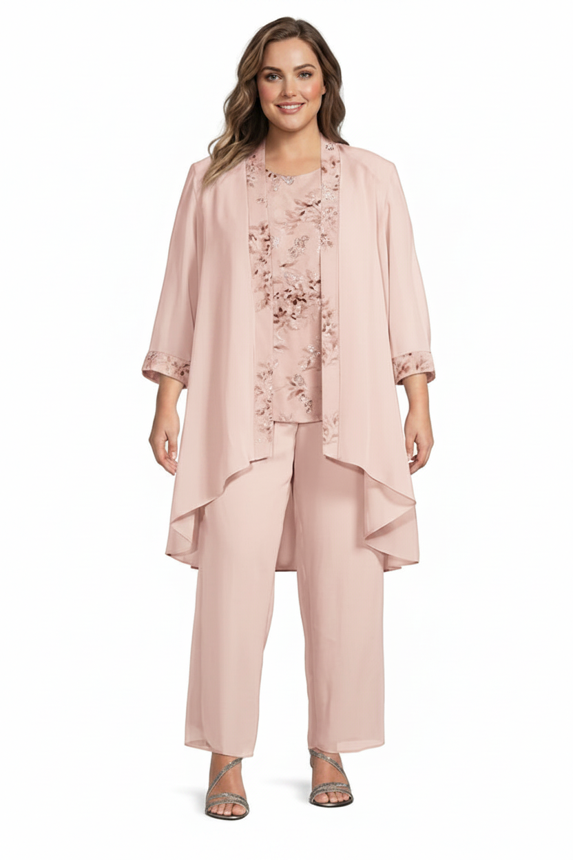 Chiffon Round Neck Floor-Length Plus Size Mother of the Bride Pantsuits with Jacket