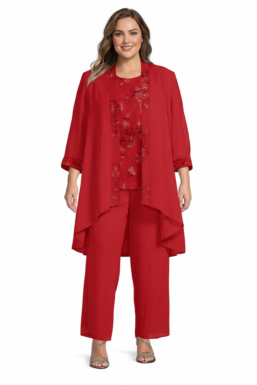 Chiffon Round Neck Floor-Length Plus Size Mother of the Bride Pantsuits with Jacket