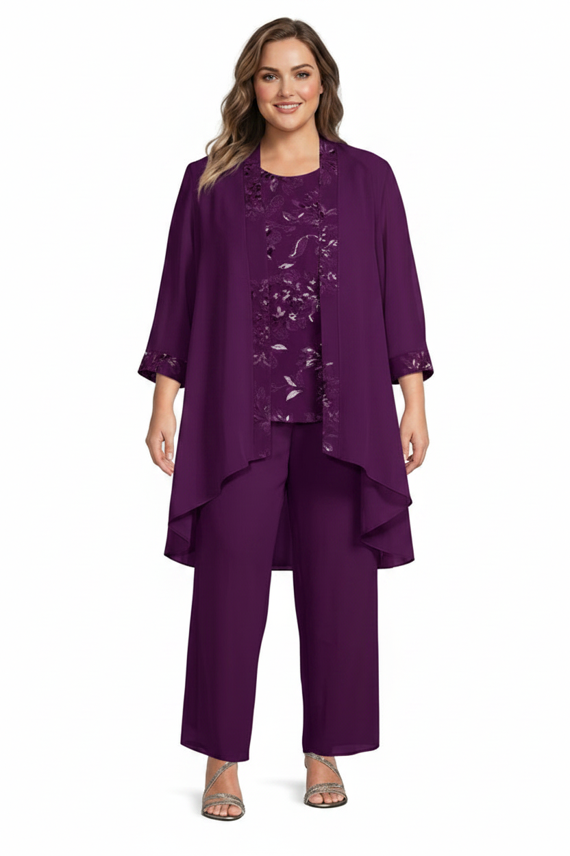 Chiffon Round Neck Floor-Length Plus Size Mother of the Bride Pantsuits with Jacket