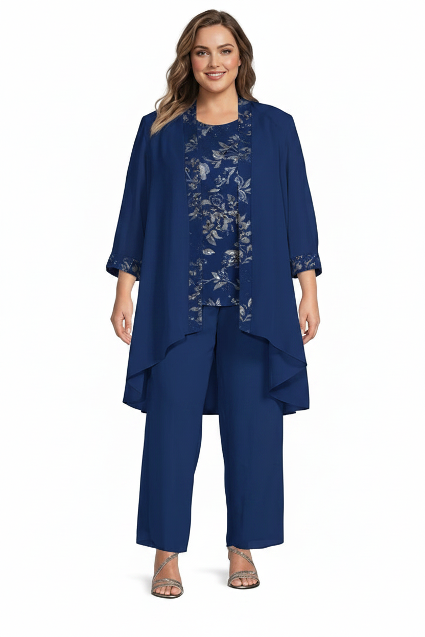 Chiffon Round Neck Floor-Length Plus Size Mother of the Bride Pantsuits with Jacket
