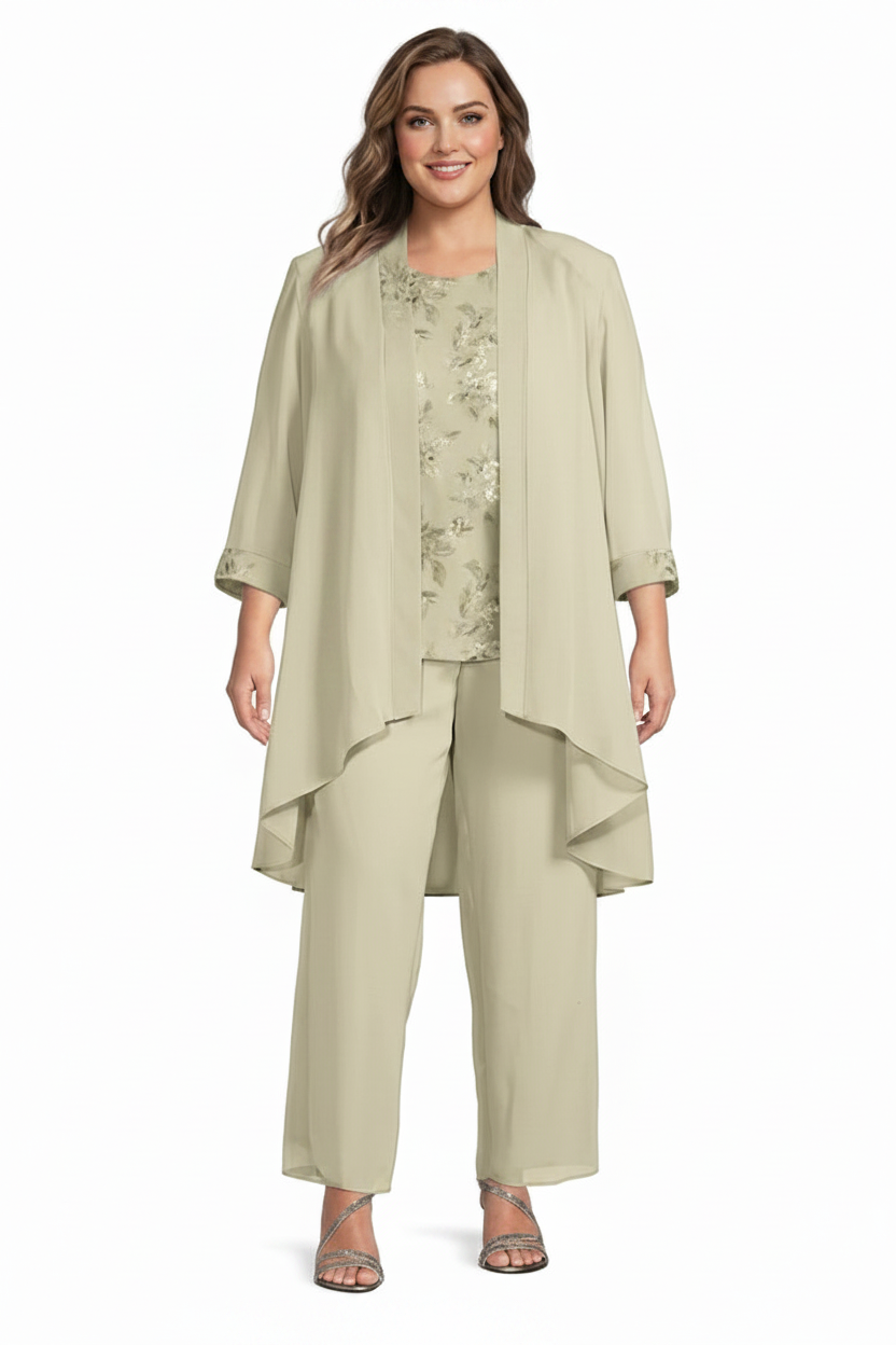 Chiffon Round Neck Floor-Length Plus Size Mother of the Bride Pantsuits with Jacket