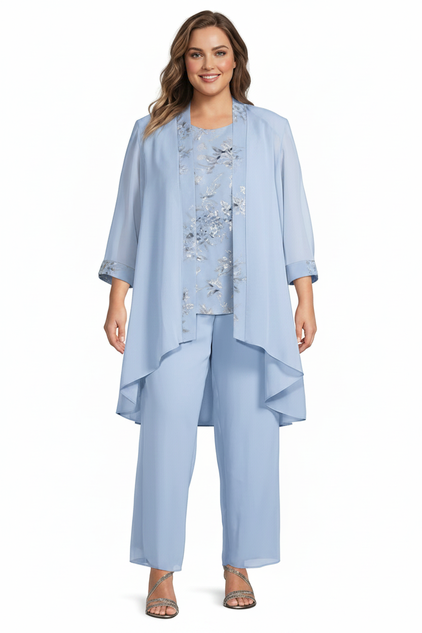 Chiffon Round Neck Floor-Length Plus Size Mother of the Bride Pantsuits with Jacket