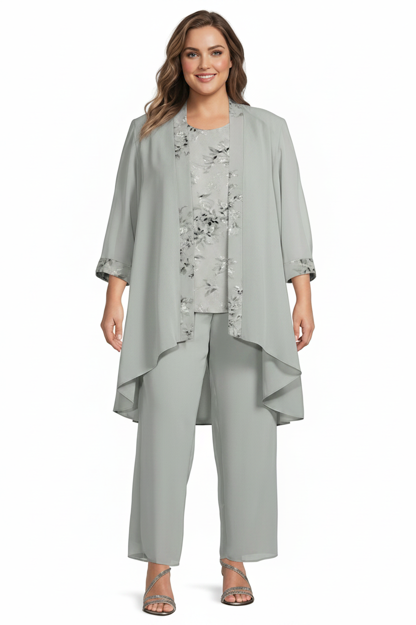 Chiffon Round Neck Floor-Length Plus Size Mother of the Bride Pantsuits with Jacket