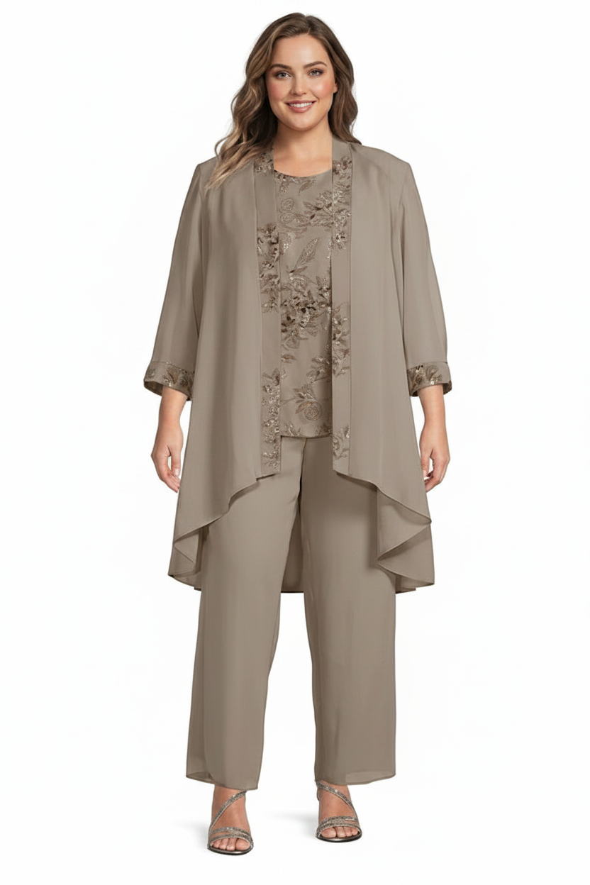 Chiffon Round Neck Floor-Length Plus Size Mother of the Bride Pantsuits with Jacket
