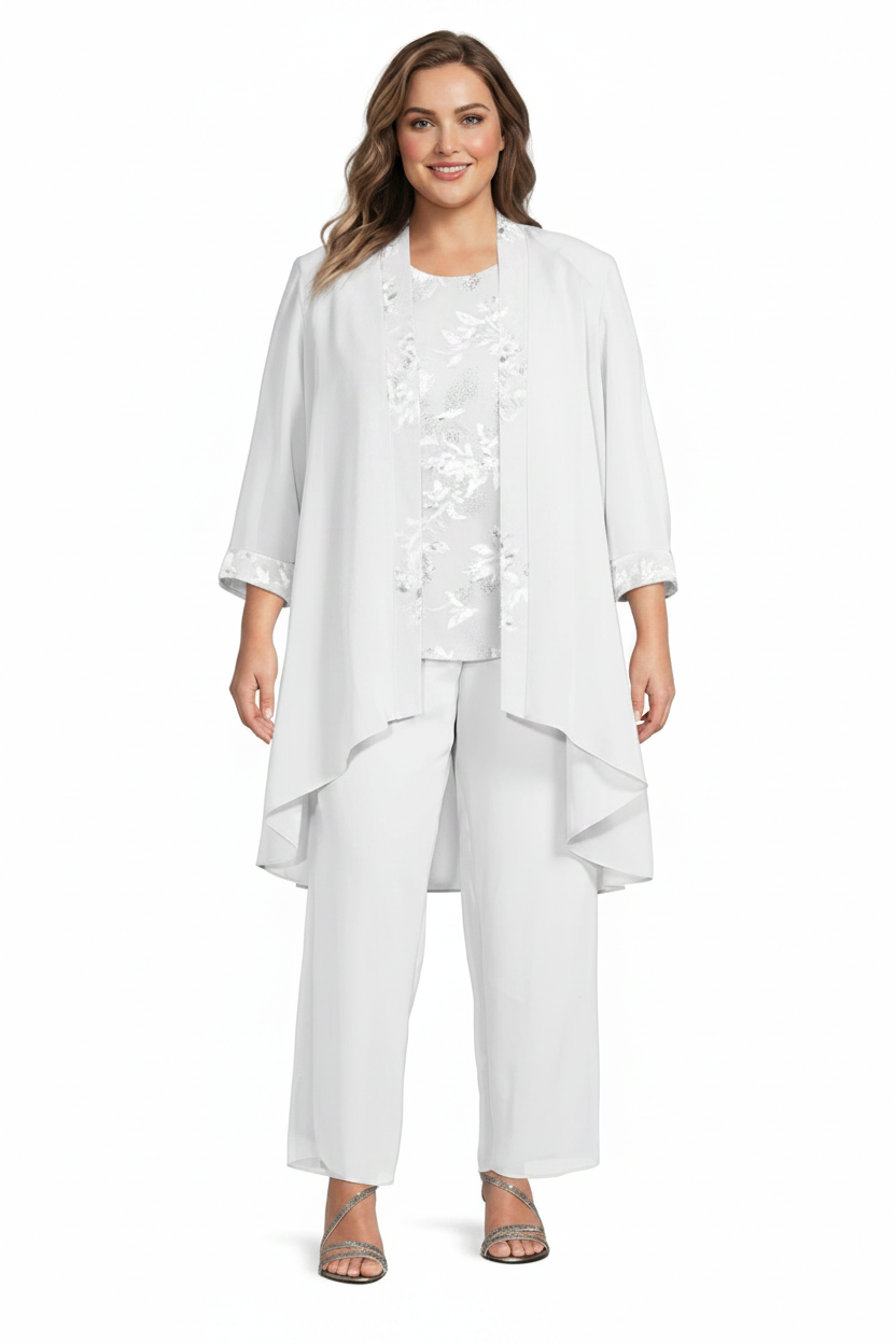 Chiffon Round Neck Floor-Length Plus Size Mother of the Bride Pantsuits with Jacket