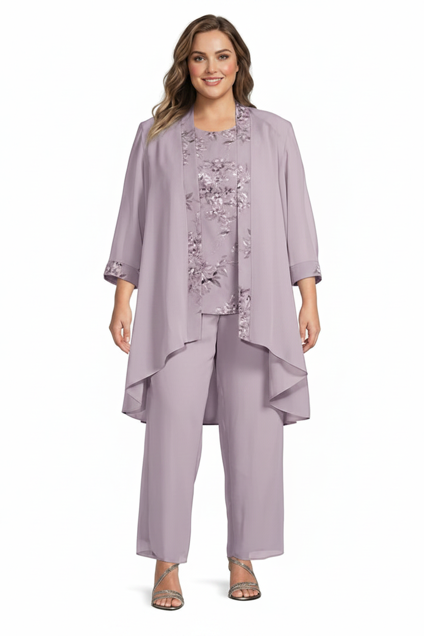 Chiffon Round Neck Floor-Length Plus Size Mother of the Bride Pantsuits with Jacket