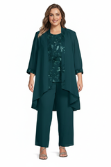 Chiffon Round Neck Floor-Length Plus Size Mother of the Bride Pantsuits with Jacket