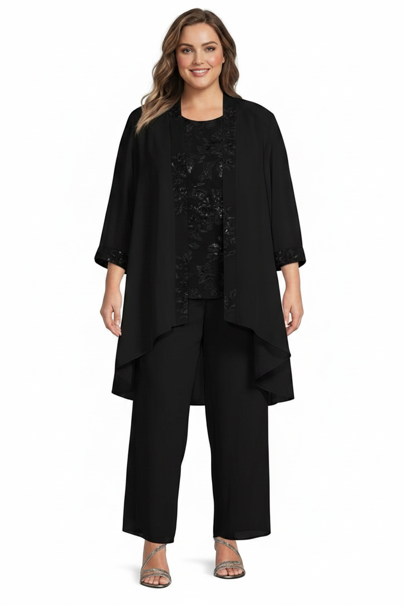 Chiffon Round Neck Floor-Length Plus Size Mother of the Bride Pantsuits with Jacket