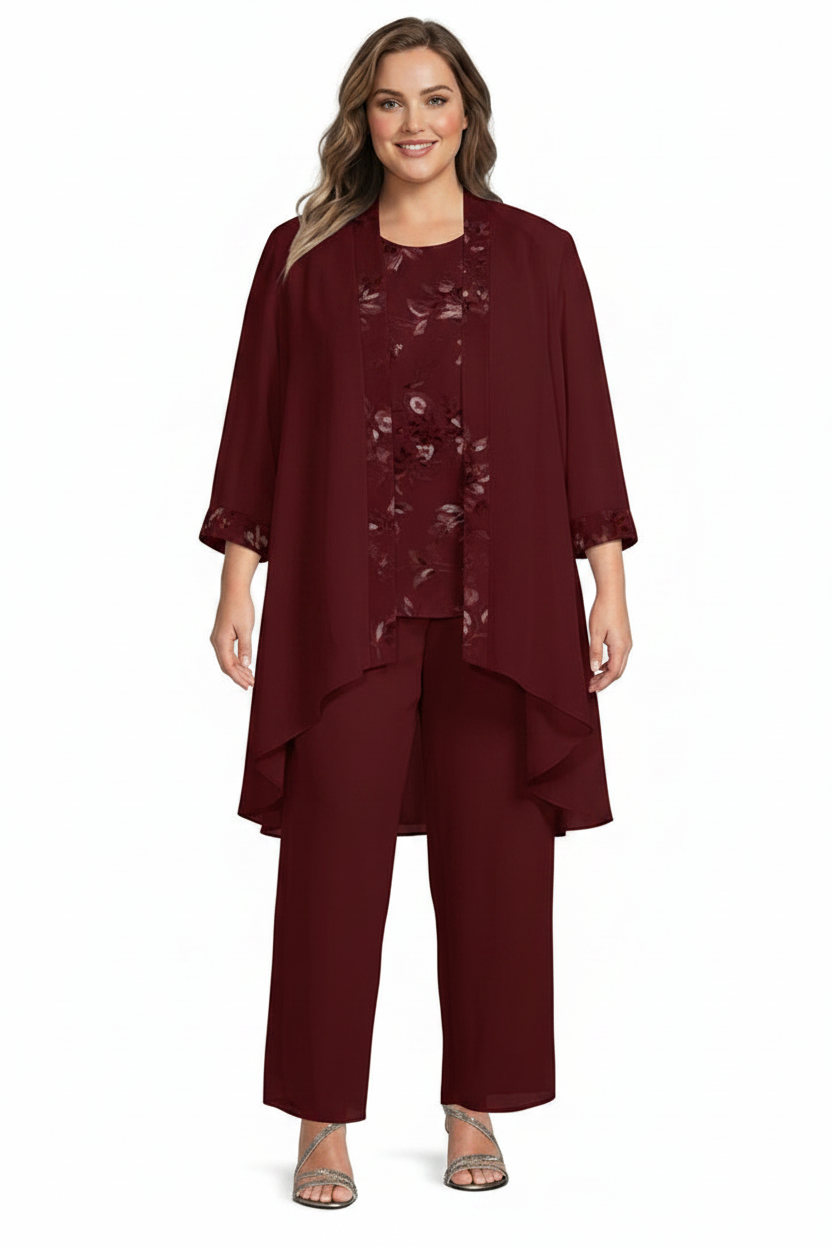 Chiffon Round Neck Floor-Length Plus Size Mother of the Bride Pantsuits with Jacket