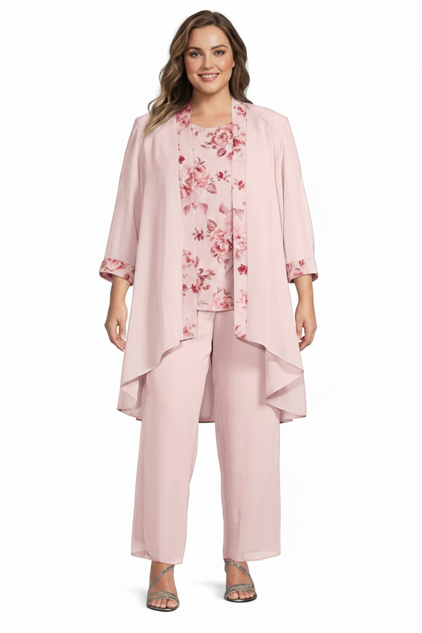 Chiffon Round Neck Floor-Length Plus Size Mother of the Bride Pantsuits with Jacket