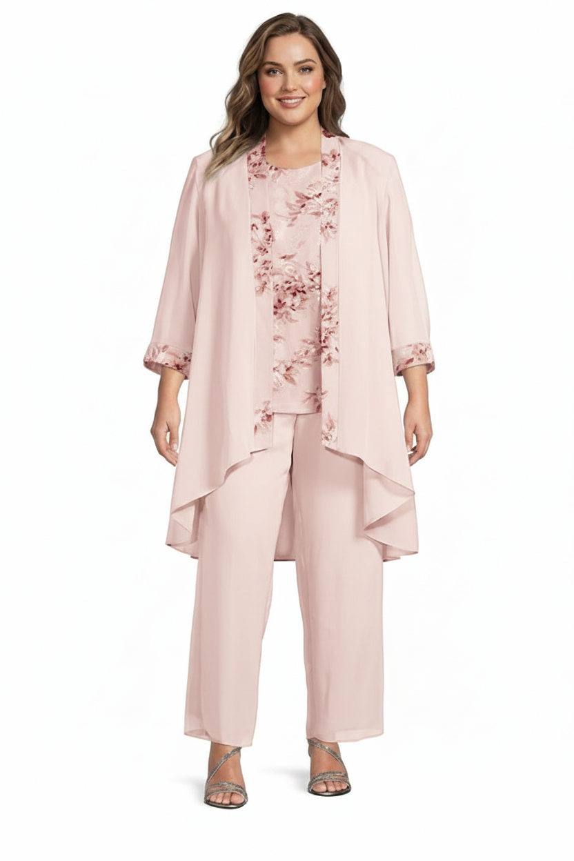 Chiffon Round Neck Floor-Length Plus Size Mother of the Bride Pantsuits with Jacket