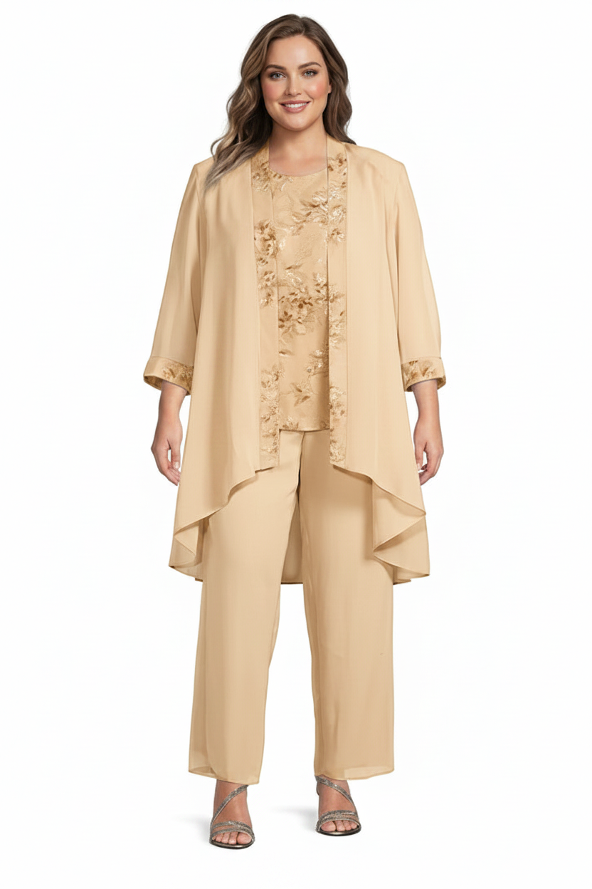 Chiffon Round Neck Floor-Length Plus Size Mother of the Bride Pantsuits with Jacket