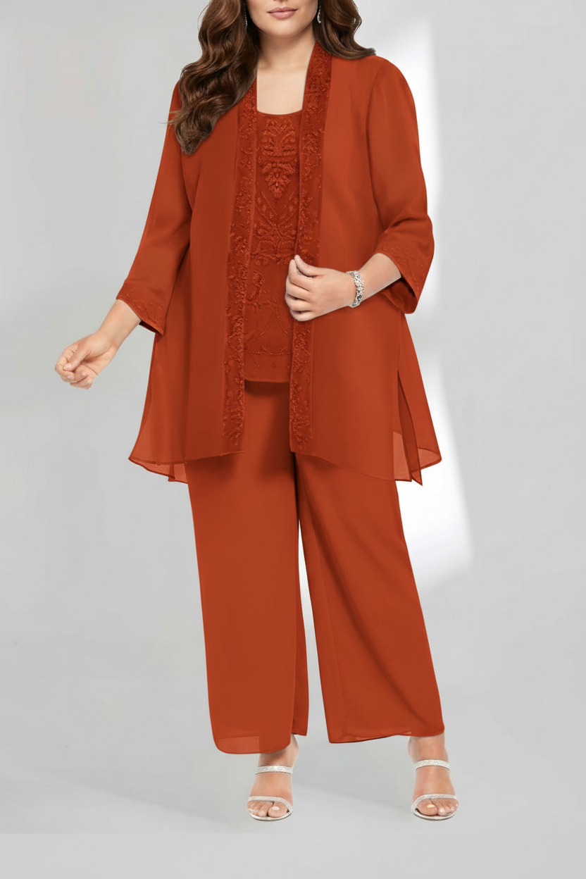 Chiffon Scoop Ankle-Length Plus Size Mother of the Bride Pantsuits with Jacket