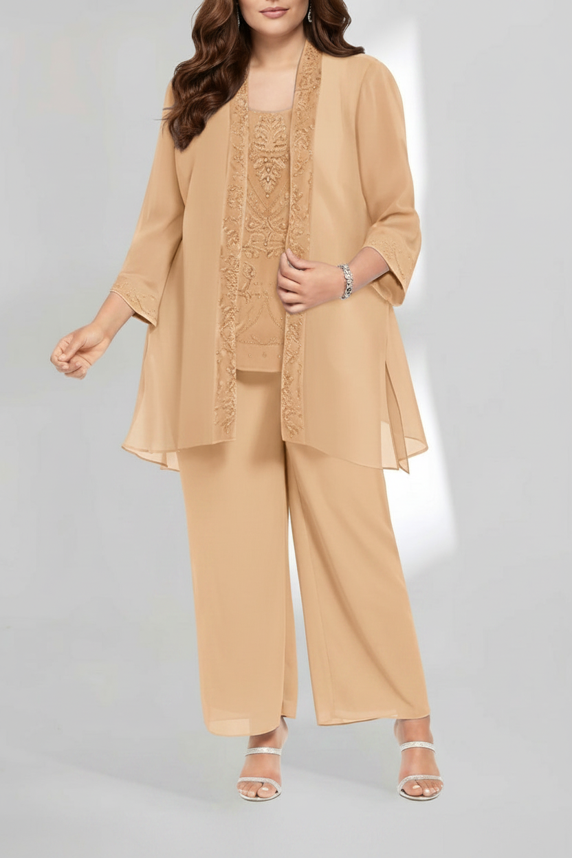 Chiffon Scoop Ankle-Length Plus Size Mother of the Bride Pantsuits with Jacket