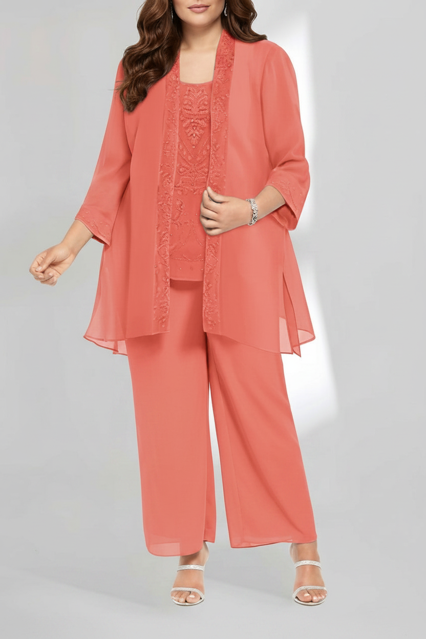 Chiffon Scoop Ankle-Length Plus Size Mother of the Bride Pantsuits with Jacket