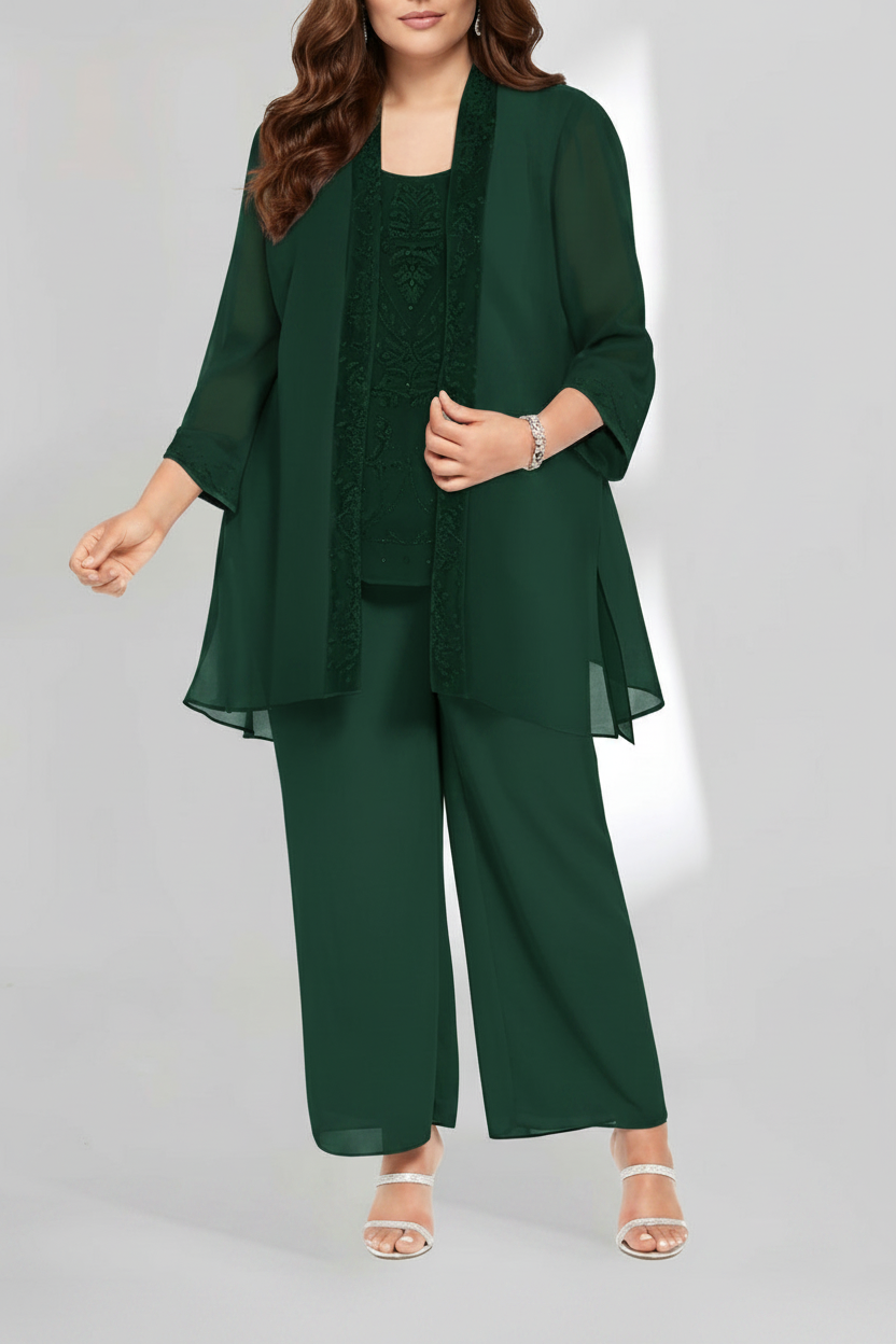 Chiffon Scoop Ankle-Length Plus Size Mother of the Bride Pantsuits with Jacket
