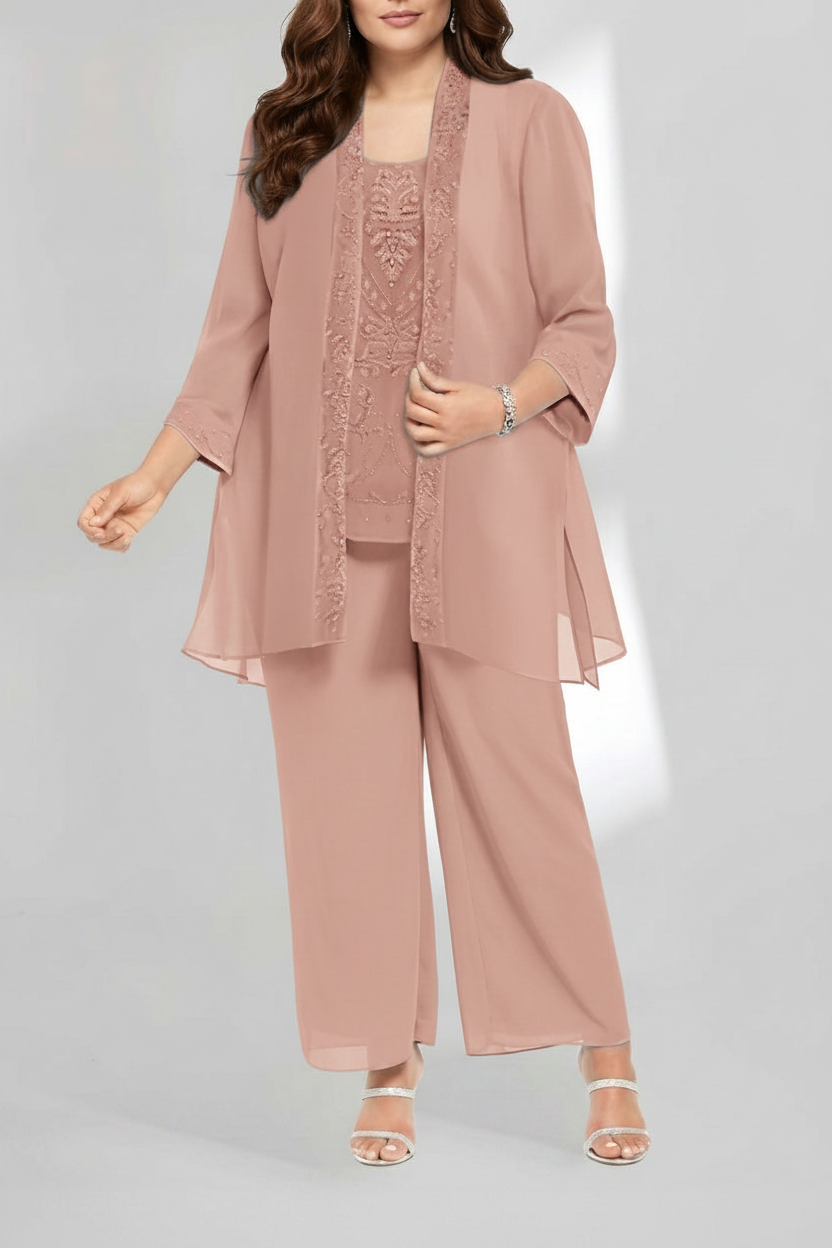 Chiffon Scoop Ankle-Length Plus Size Mother of the Bride Pantsuits with Jacket