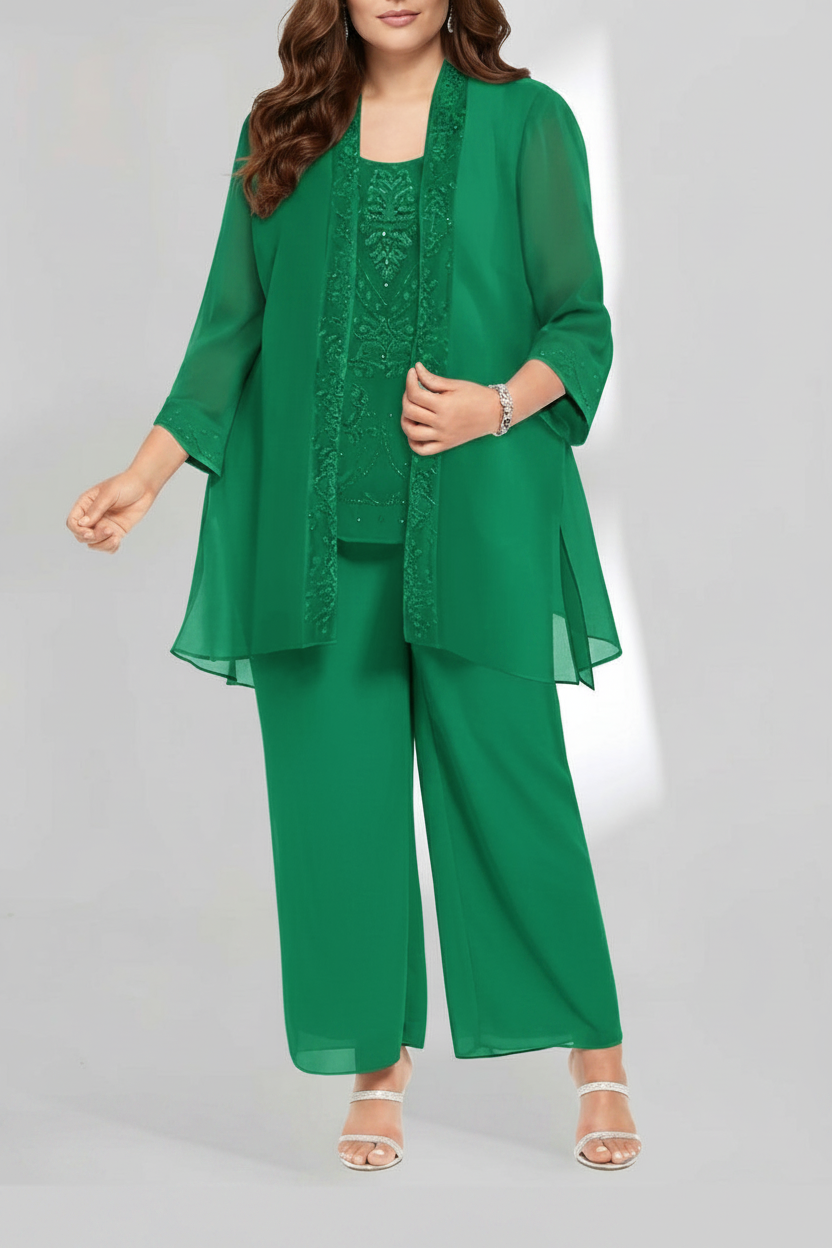 Chiffon Scoop Ankle-Length Plus Size Mother of the Bride Pantsuits with Jacket