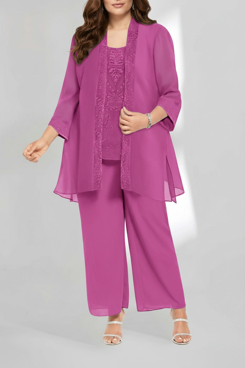 Chiffon Scoop Ankle-Length Plus Size Mother of the Bride Pantsuits with Jacket
