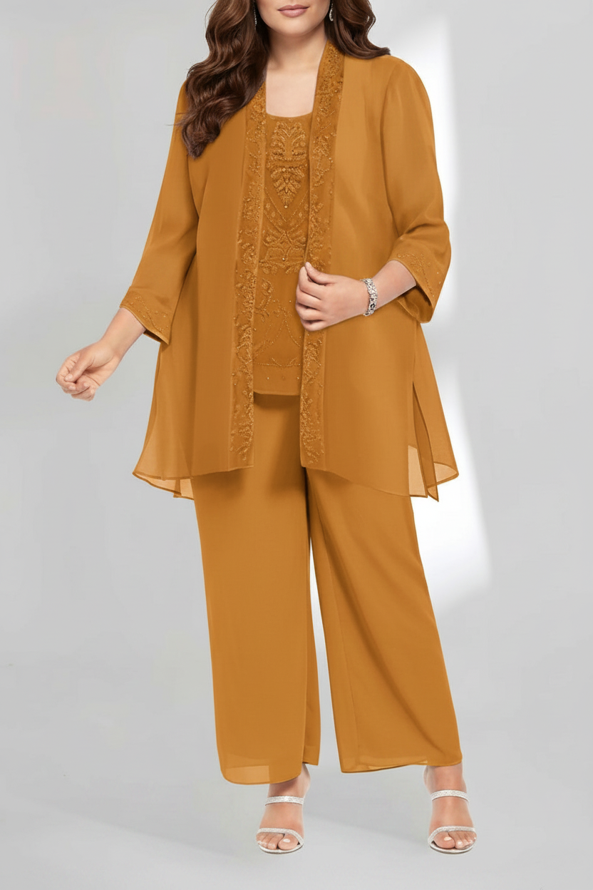 Chiffon Scoop Ankle-Length Plus Size Mother of the Bride Pantsuits with Jacket