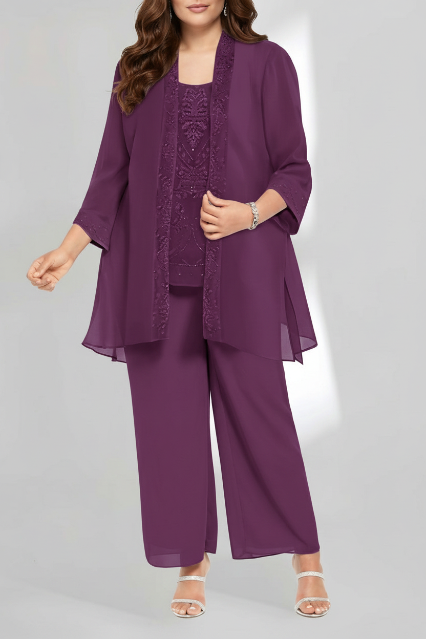 Chiffon Scoop Ankle-Length Plus Size Mother of the Bride Pantsuits with Jacket