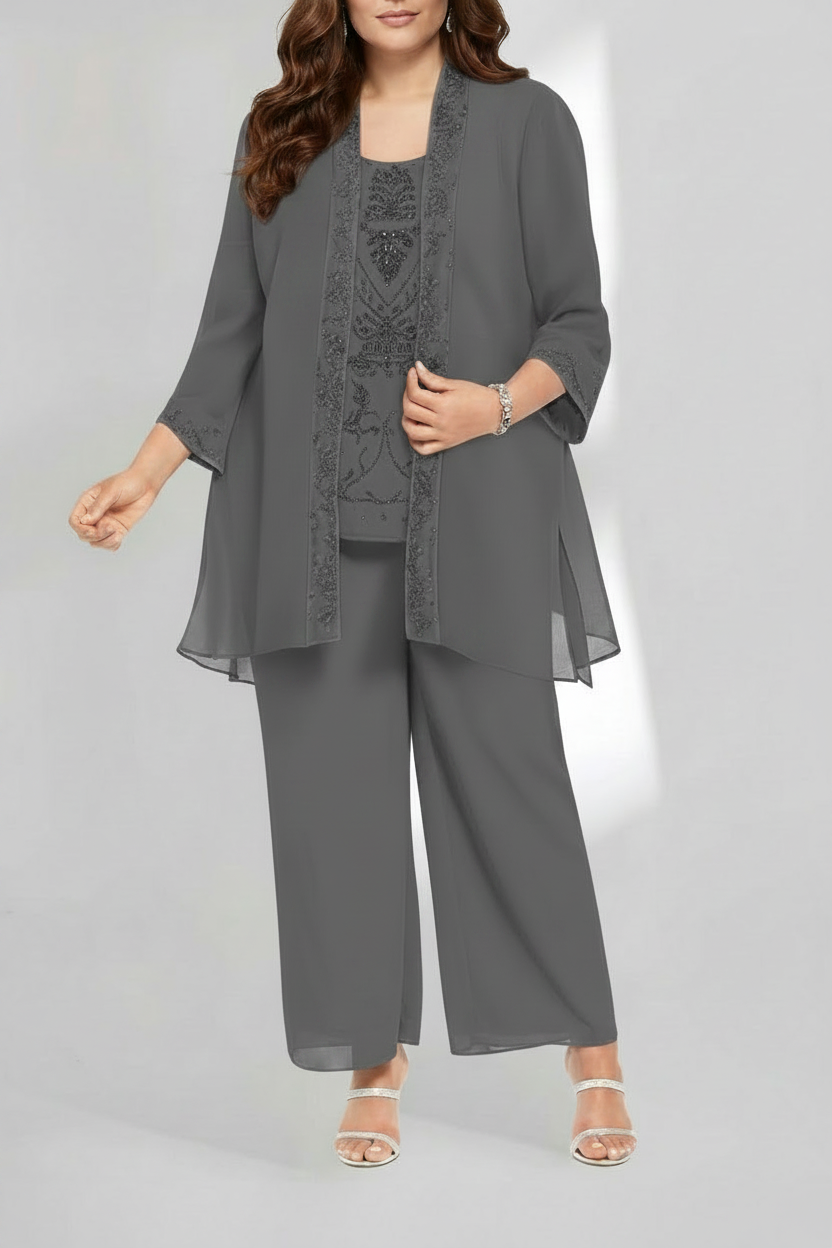 Chiffon Scoop Ankle-Length Plus Size Mother of the Bride Pantsuits with Jacket