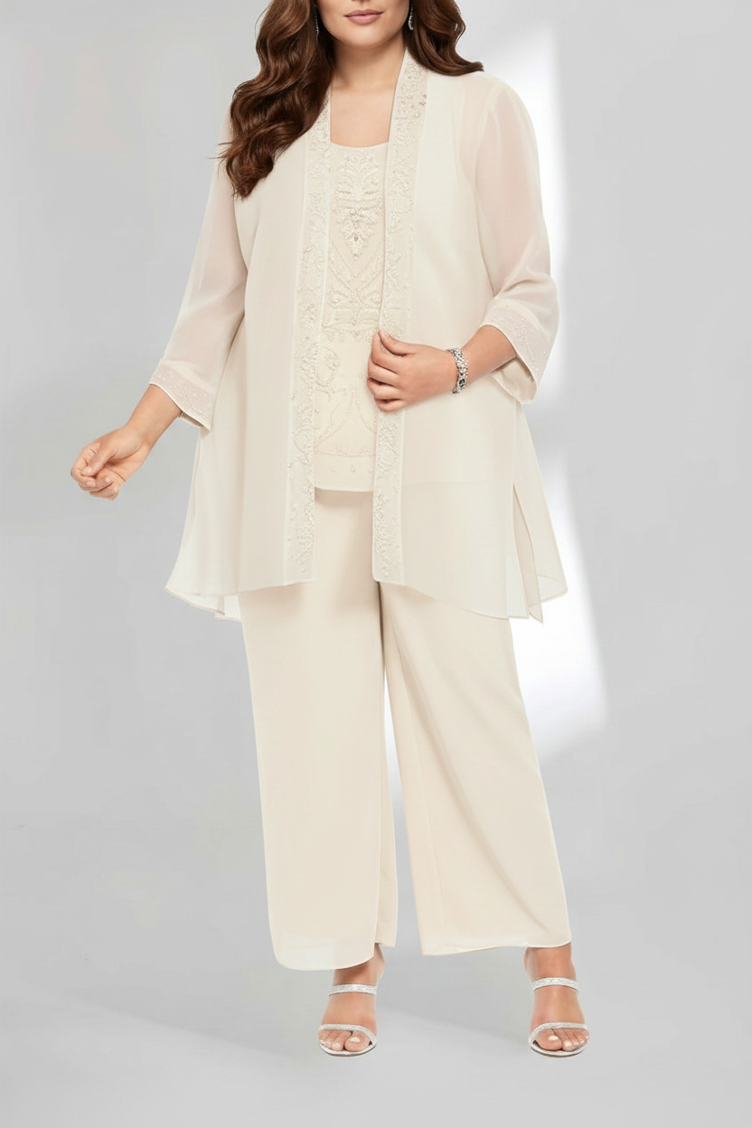 Chiffon Scoop Ankle-Length Plus Size Mother of the Bride Pantsuits with Jacket
