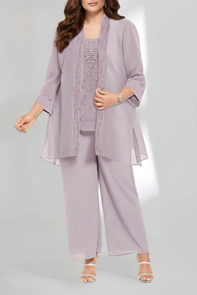 Chiffon Scoop Ankle-Length Plus Size Mother of the Bride Pantsuits with Jacket
