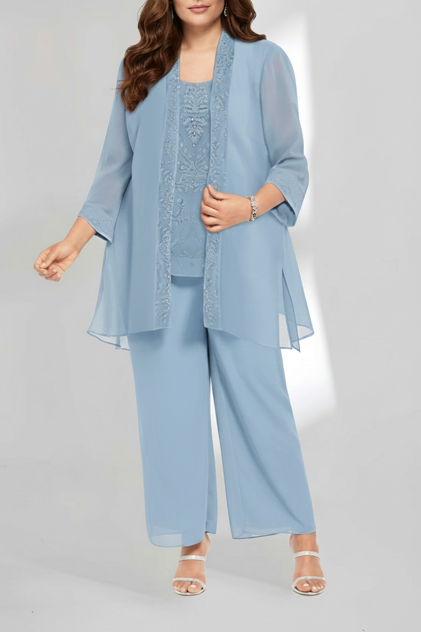 Chiffon Scoop Ankle-Length Plus Size Mother of the Bride Pantsuits with Jacket