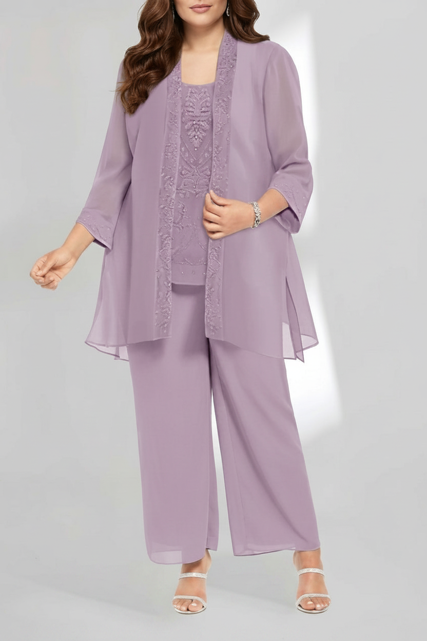 Chiffon Scoop Ankle-Length Plus Size Mother of the Bride Pantsuits with Jacket