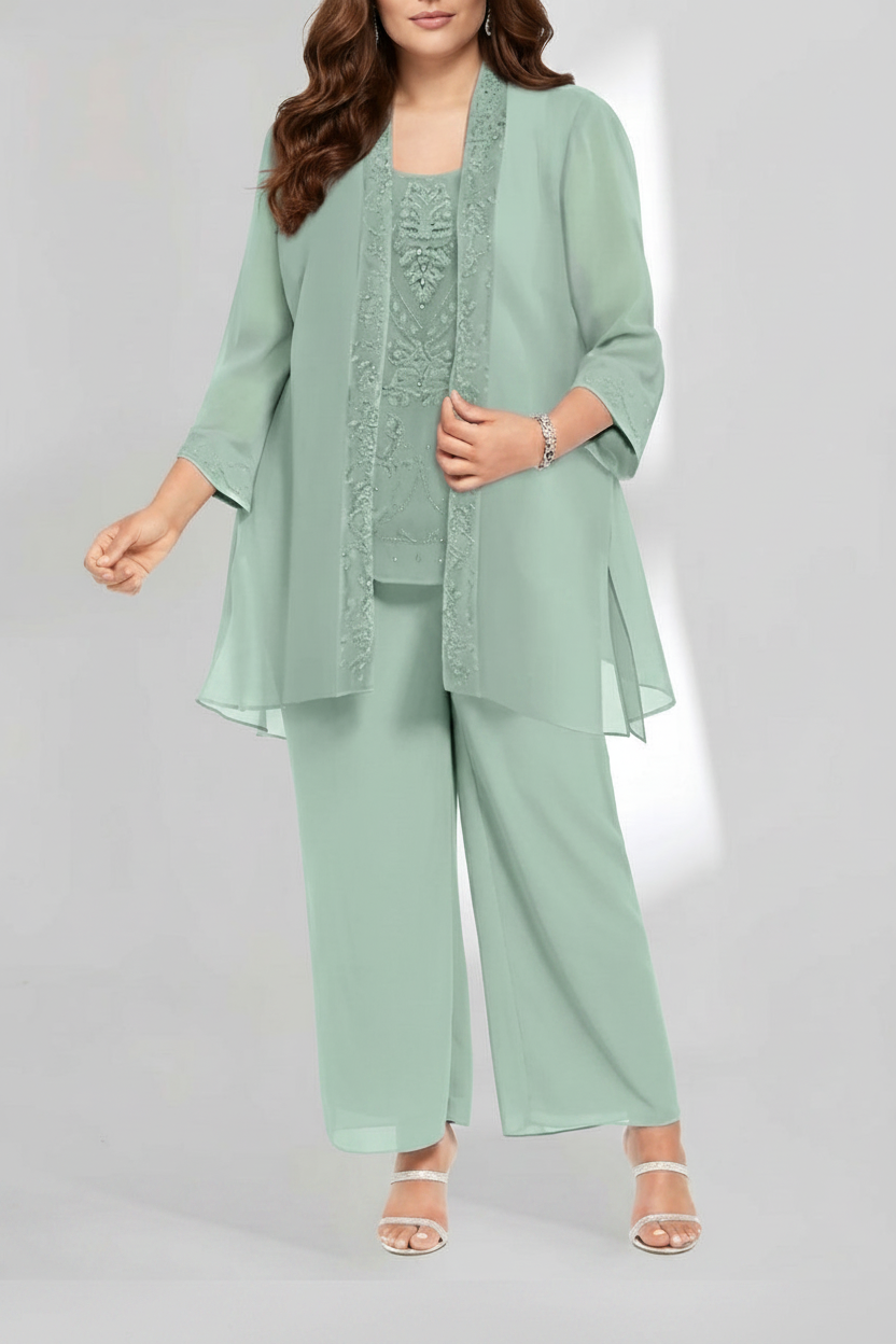 Chiffon Scoop Ankle-Length Plus Size Mother of the Bride Pantsuits with Jacket
