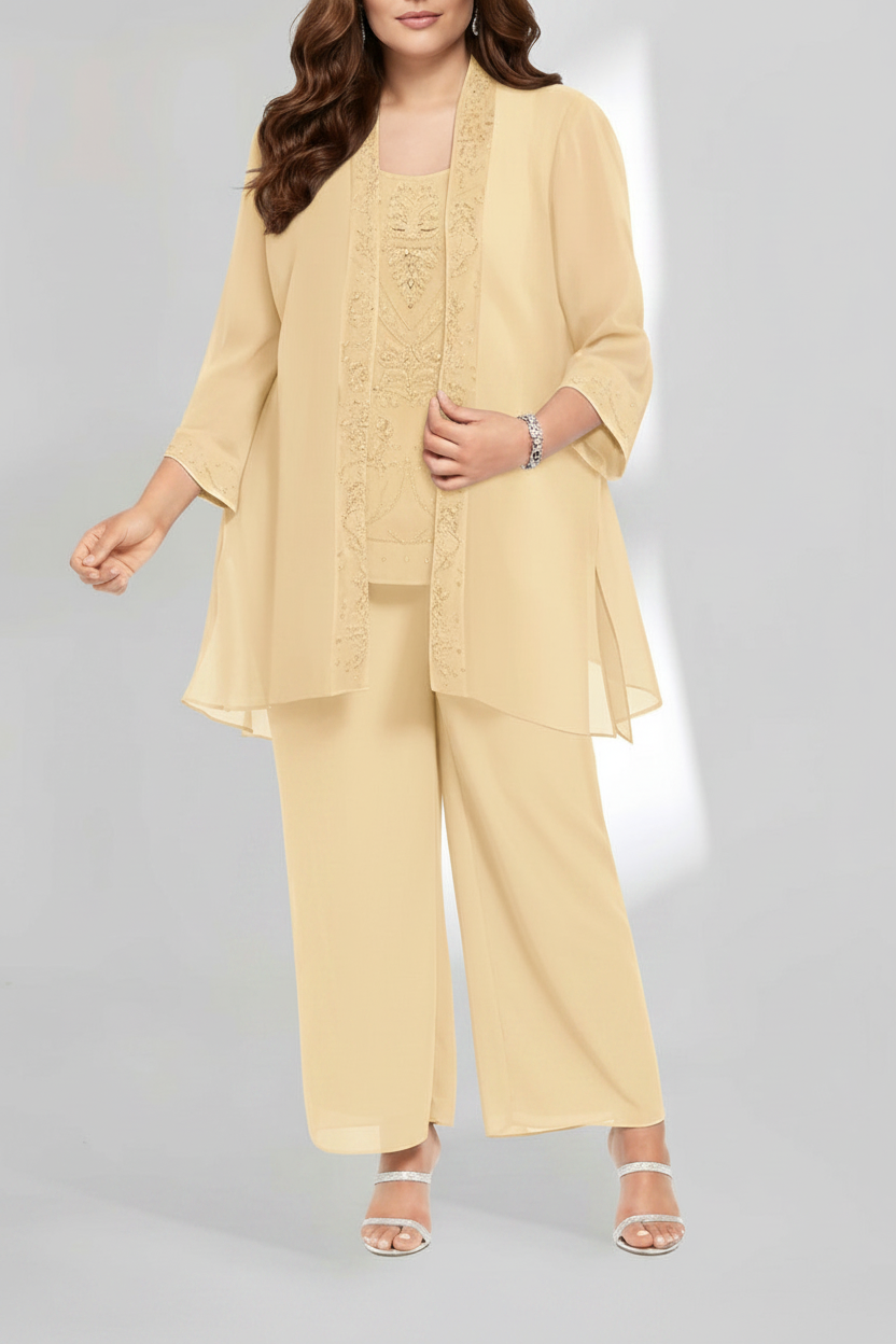 Chiffon Scoop Ankle-Length Plus Size Mother of the Bride Pantsuits with Jacket