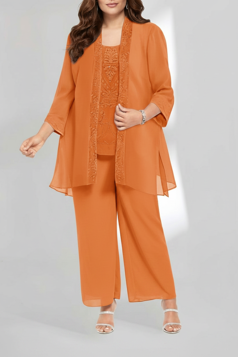 Chiffon Scoop Ankle-Length Plus Size Mother of the Bride Pantsuits with Jacket
