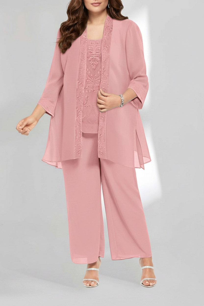 Chiffon Scoop Ankle-Length Plus Size Mother of the Bride Pantsuits with Jacket