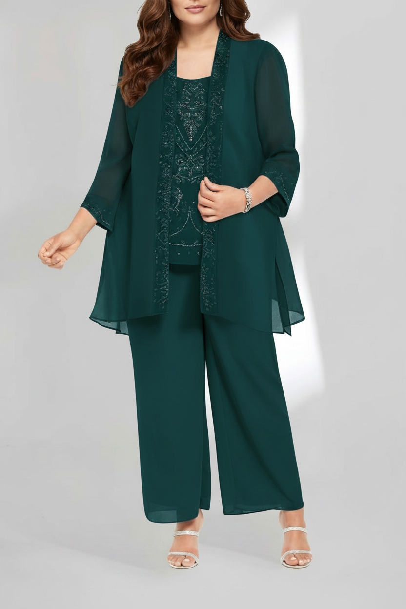 Chiffon Scoop Ankle-Length Plus Size Mother of the Bride Pantsuits with Jacket
