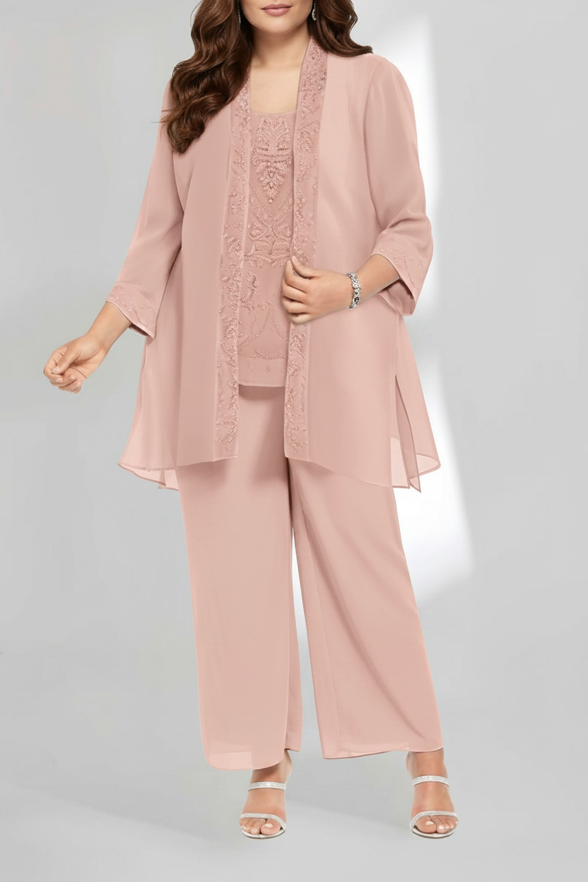 Chiffon Scoop Ankle-Length Plus Size Mother of the Bride Pantsuits with Jacket