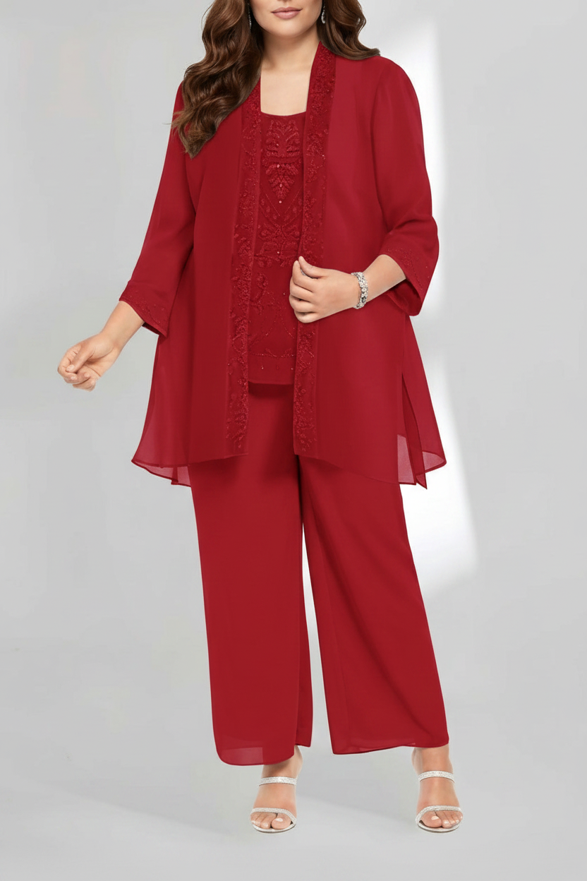 Chiffon Scoop Ankle-Length Plus Size Mother of the Bride Pantsuits with Jacket