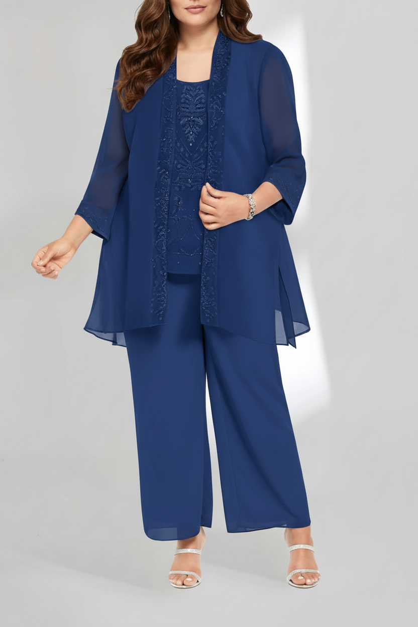 Chiffon Scoop Ankle-Length Plus Size Mother of the Bride Pantsuits with Jacket