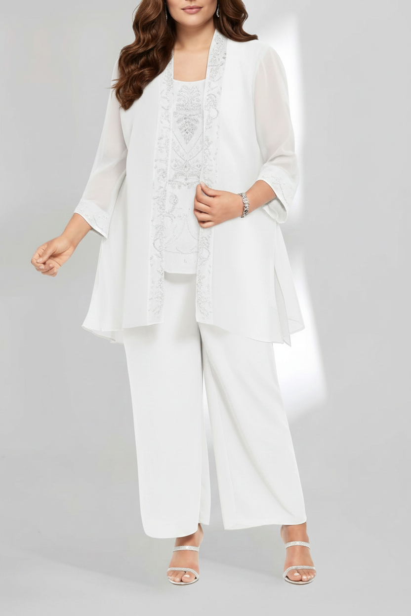Chiffon Scoop Ankle-Length Plus Size Mother of the Bride Pantsuits with Jacket