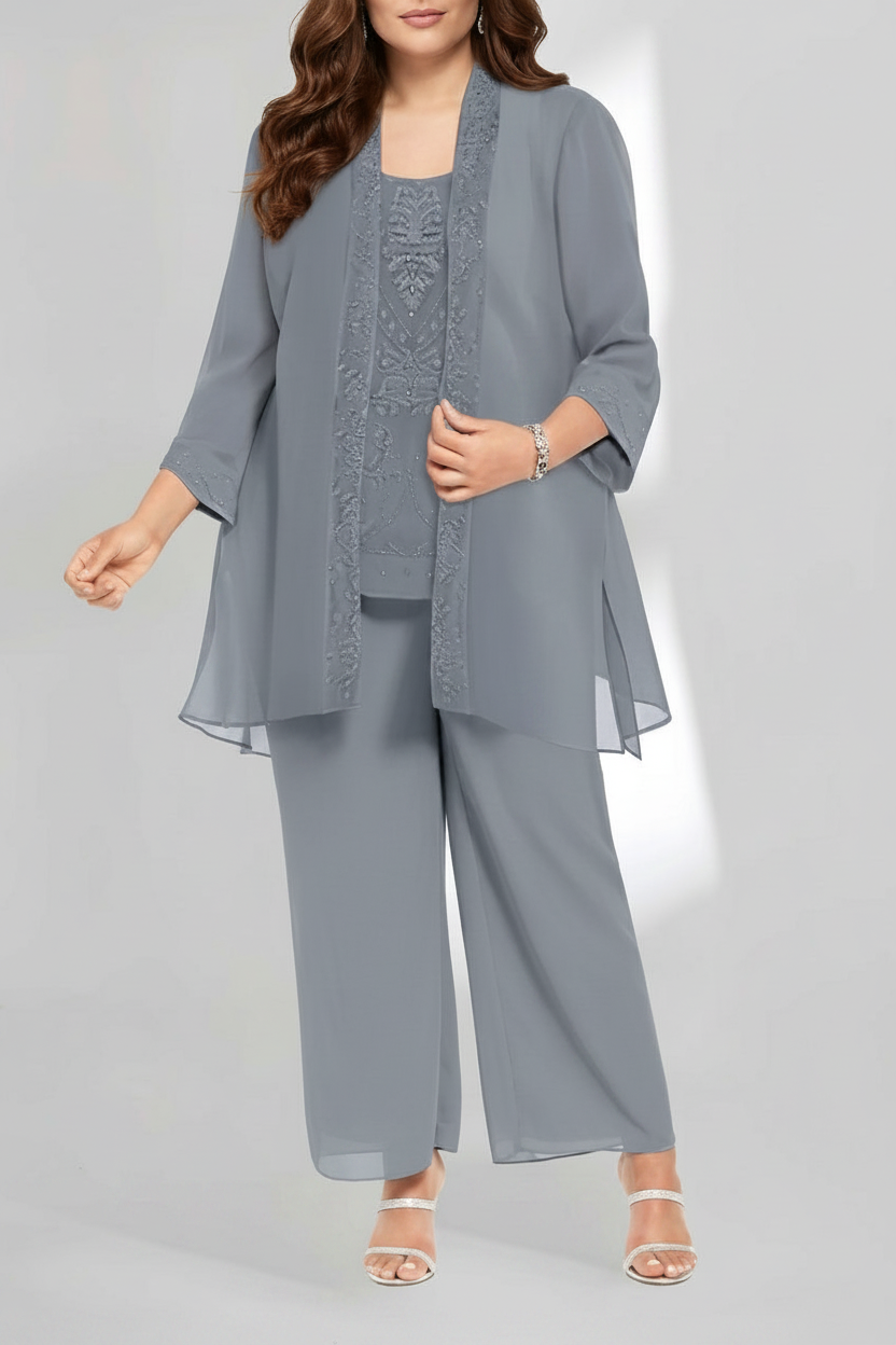 Chiffon Scoop Ankle-Length Plus Size Mother of the Bride Pantsuits with Jacket