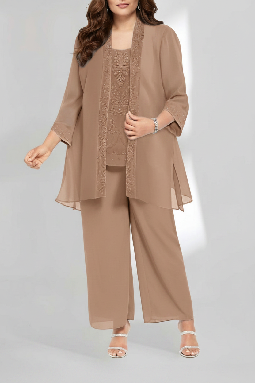 Chiffon Scoop Ankle-Length Plus Size Mother of the Bride Pantsuits with Jacket