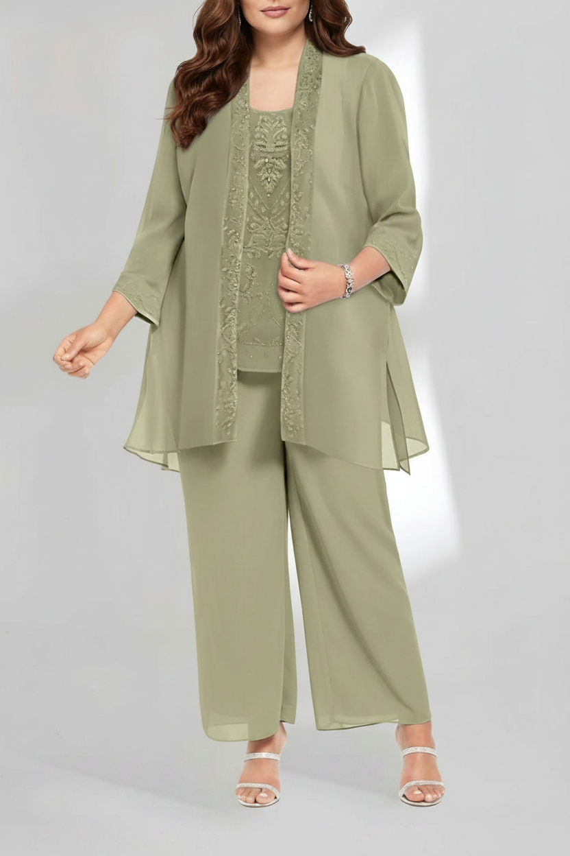 Chiffon Scoop Ankle-Length Plus Size Mother of the Bride Pantsuits with Jacket