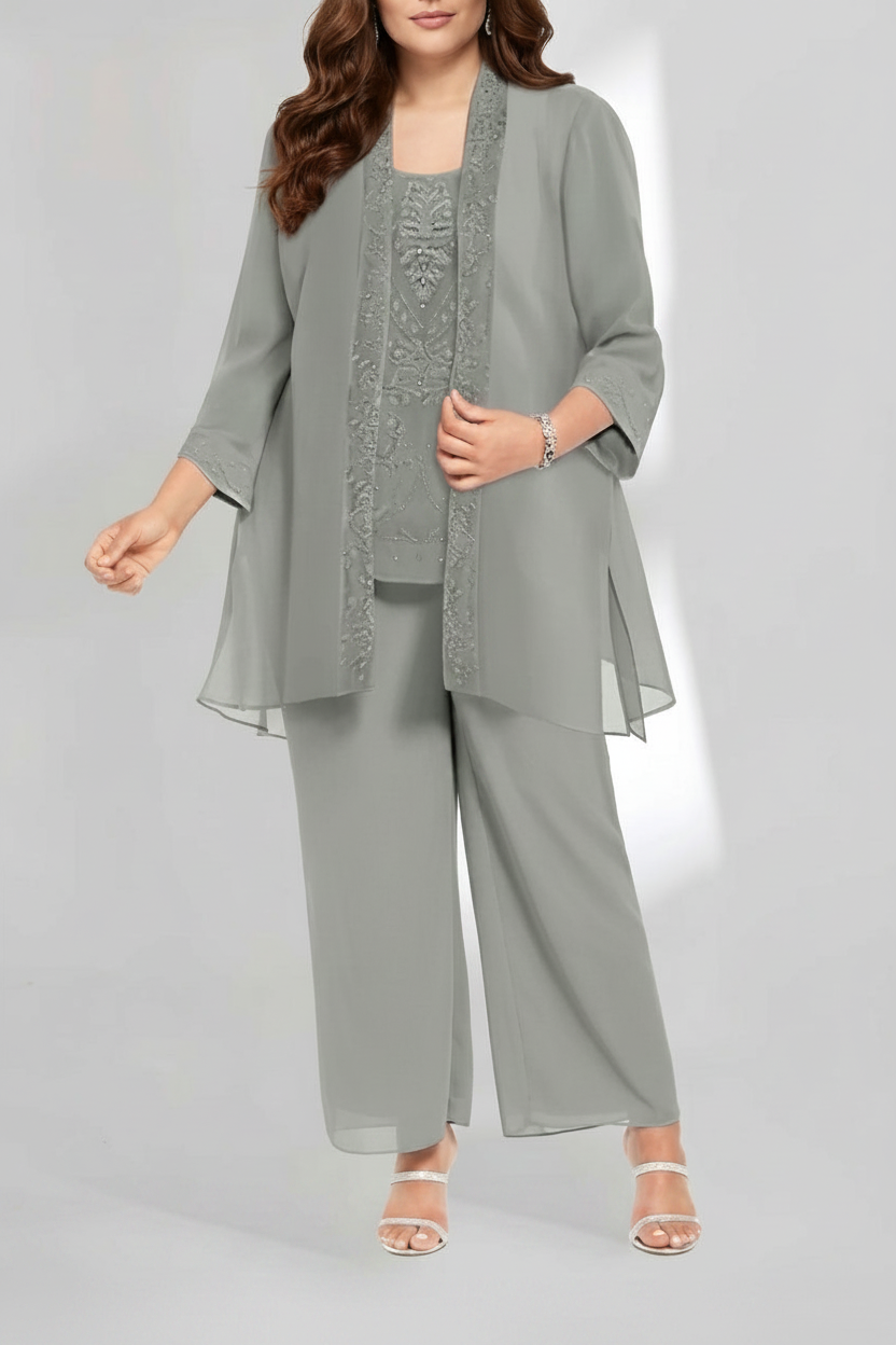 Chiffon Scoop Ankle-Length Plus Size Mother of the Bride Pantsuits with Jacket